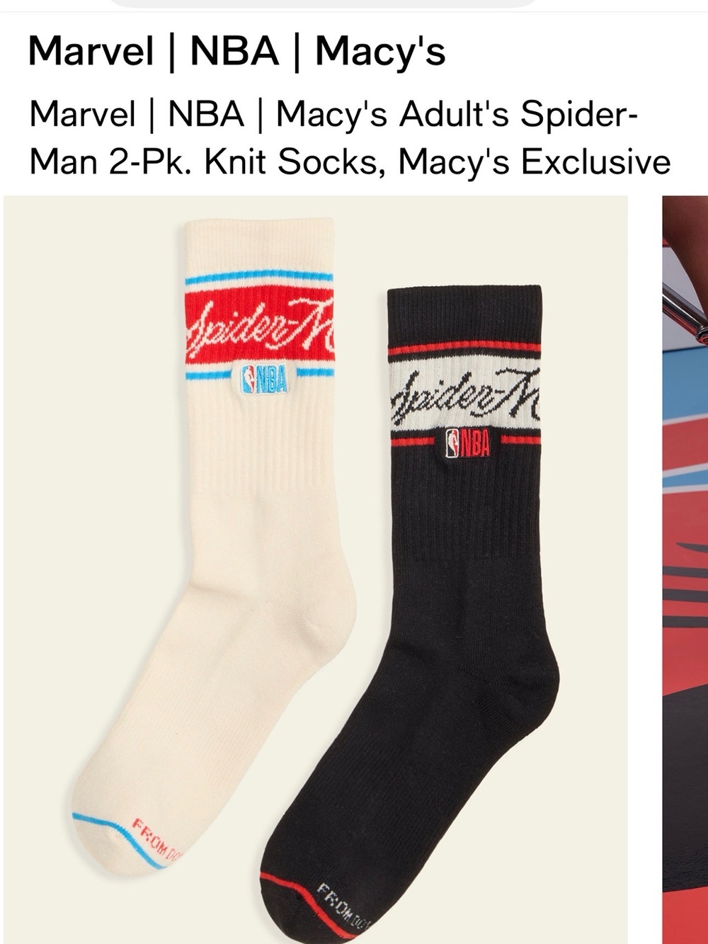 Marvel Spider-Man NBA Crew Socks 2-Pack - Black & Cream with Red & Blue Accents
